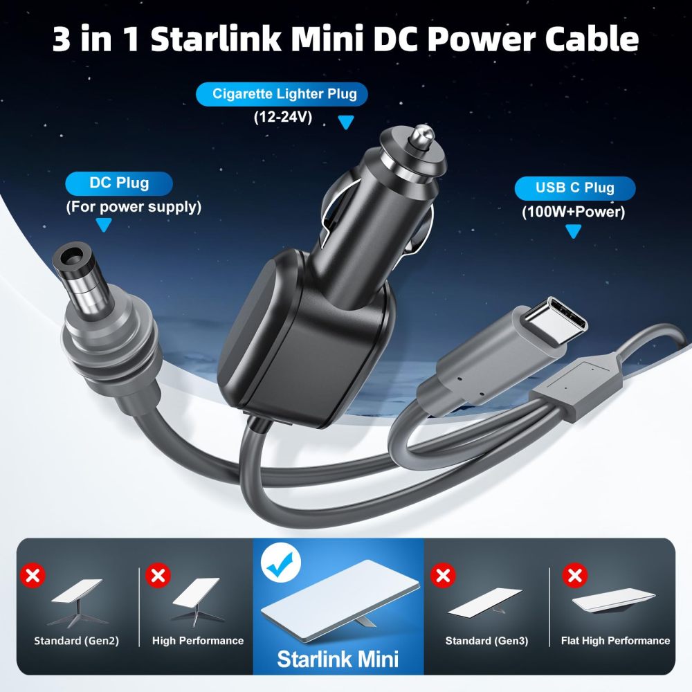 3 in 1 Starlink Mini Cable 10FT/3M, 18AWG Starlink Mini 100W High-Speed USB C/Car Charger/DC to DC Power Cable Starlink Mini Car Cigarette Lighter Replacement Waterproof Extension Cable Accessories