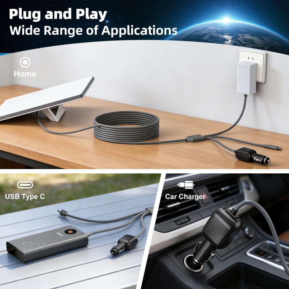3 in 1 Starlink Mini Cable 10FT/3M, 18AWG Starlink Mini 100W High-Speed USB C/Car Charger/DC to DC Power Cable Starlink Mini Car Cigarette Lighter Replacement Waterproof Extension Cable Accessories