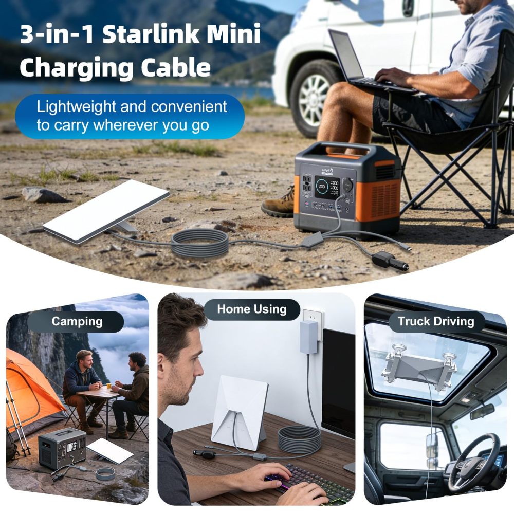 3 in 1 Starlink Mini Cable 10FT/3M, 18AWG Starlink Mini 100W High-Speed USB C/Car Charger/DC to DC Power Cable Starlink Mini Car Cigarette Lighter Replacement Waterproof Extension Cable Accessories