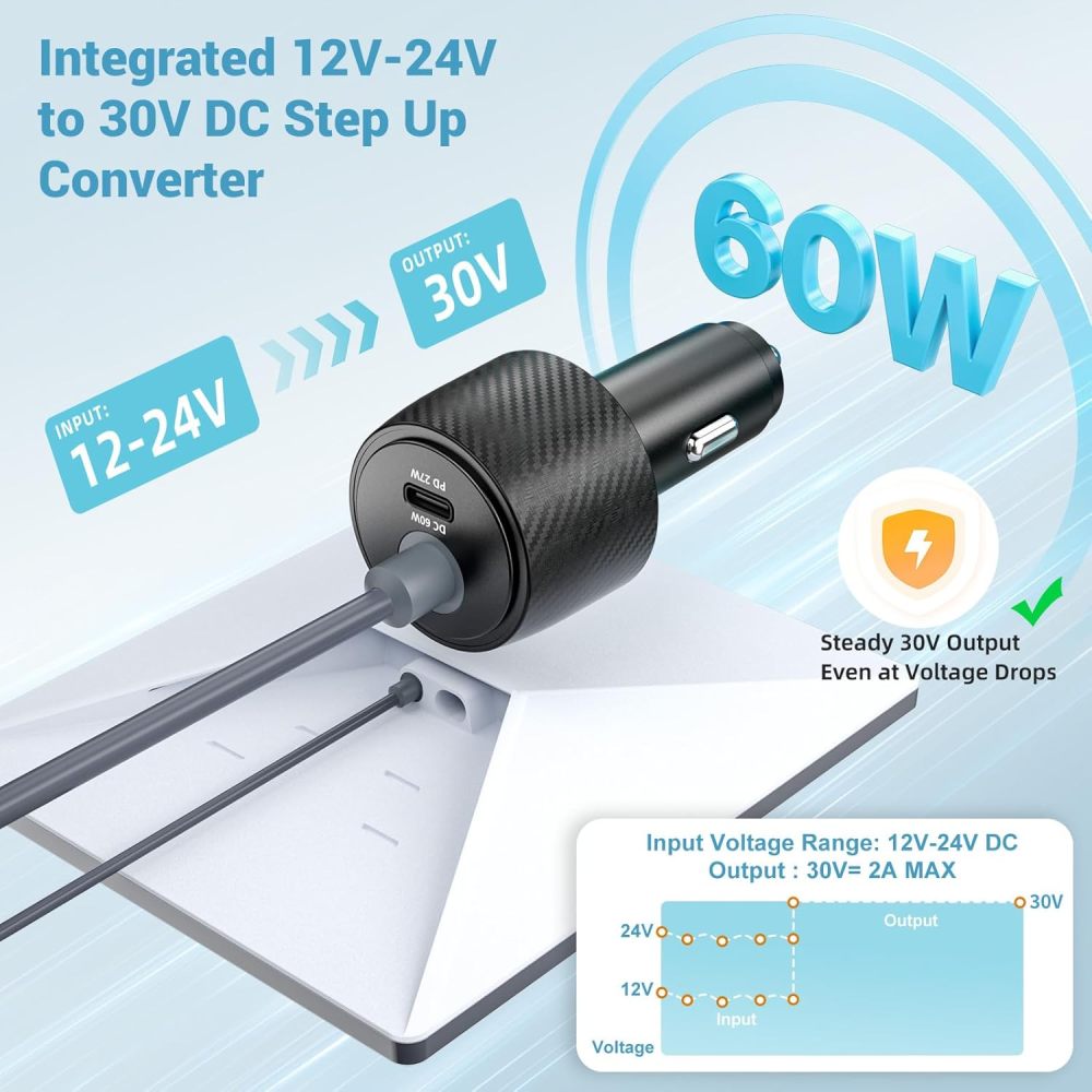 Starlink Mini Car Adapter 12V to 30V DC Step Up Converter, 2-in-1 Cigarette Lighter Adapter with DC Port Boost (60W 30V) and USB-C PD (27W 9V), Supports 30M Official Cable for RV Boat Truck