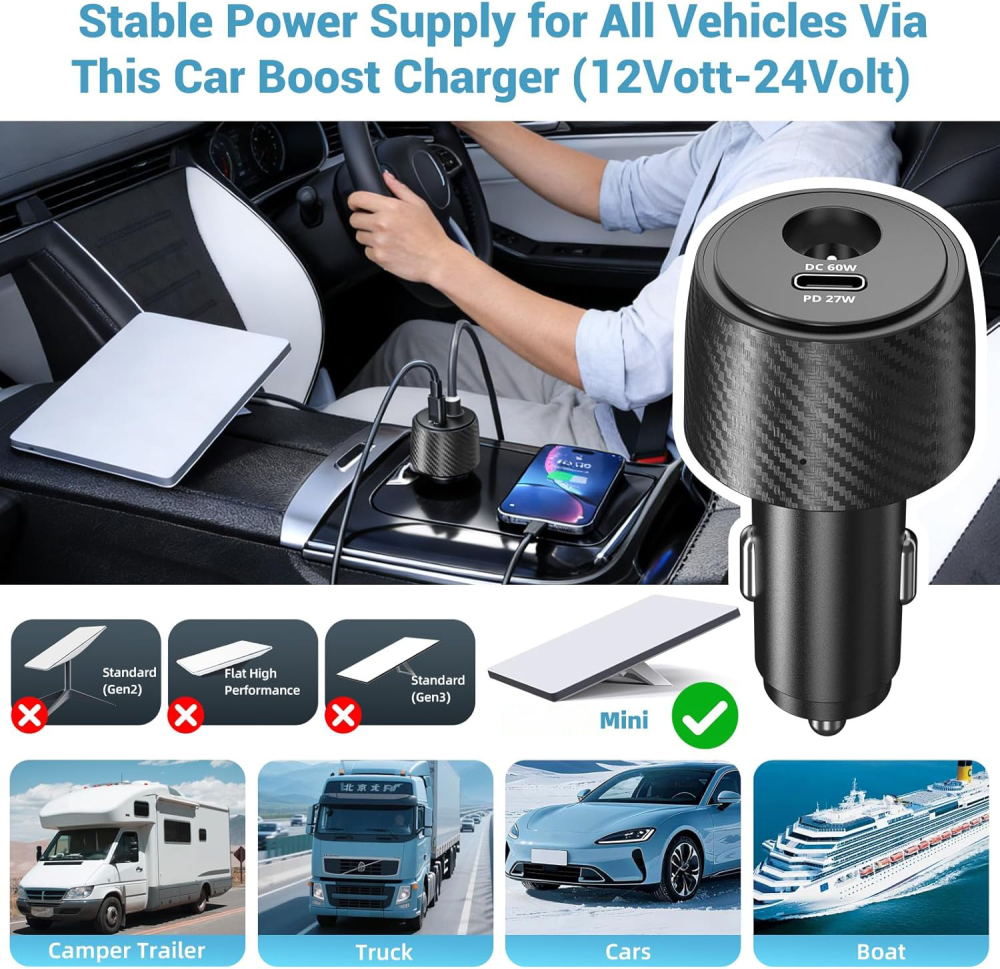 Starlink Mini Car Adapter 12V to 30V DC Step Up Converter, 2-in-1 Cigarette Lighter Adapter with DC Port Boost (60W 30V) and USB-C PD (27W 9V), Supports 30M Official Cable for RV Boat Truck