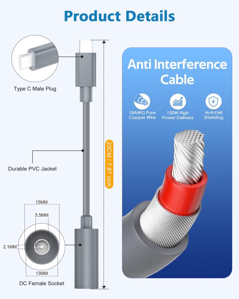 Starlink Mini Type C to DC Adapter Waterproof Compatible with Original Starlink Mini USB C Power Cable 65W+ PD Source DC Power Adapter