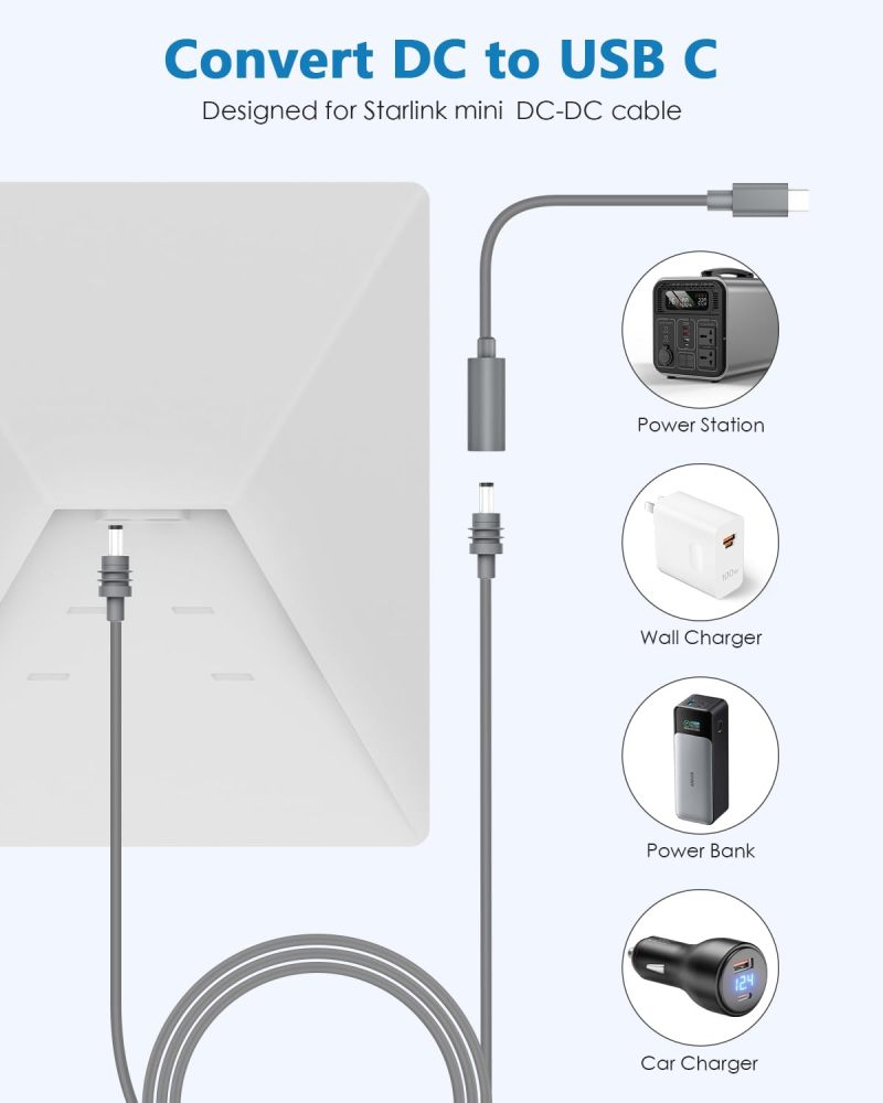 Starlink Mini Type C to DC Adapter Waterproof Compatible with Original Starlink Mini USB C Power Cable 65W+ PD Source DC Power Adapter