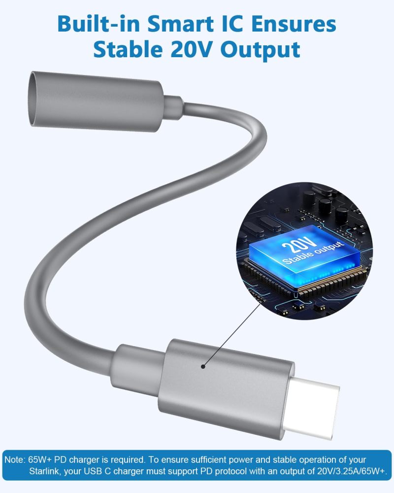 Starlink Mini Type C to DC Adapter Waterproof Compatible with Original Starlink Mini USB C Power Cable 65W+ PD Source DC Power Adapter
