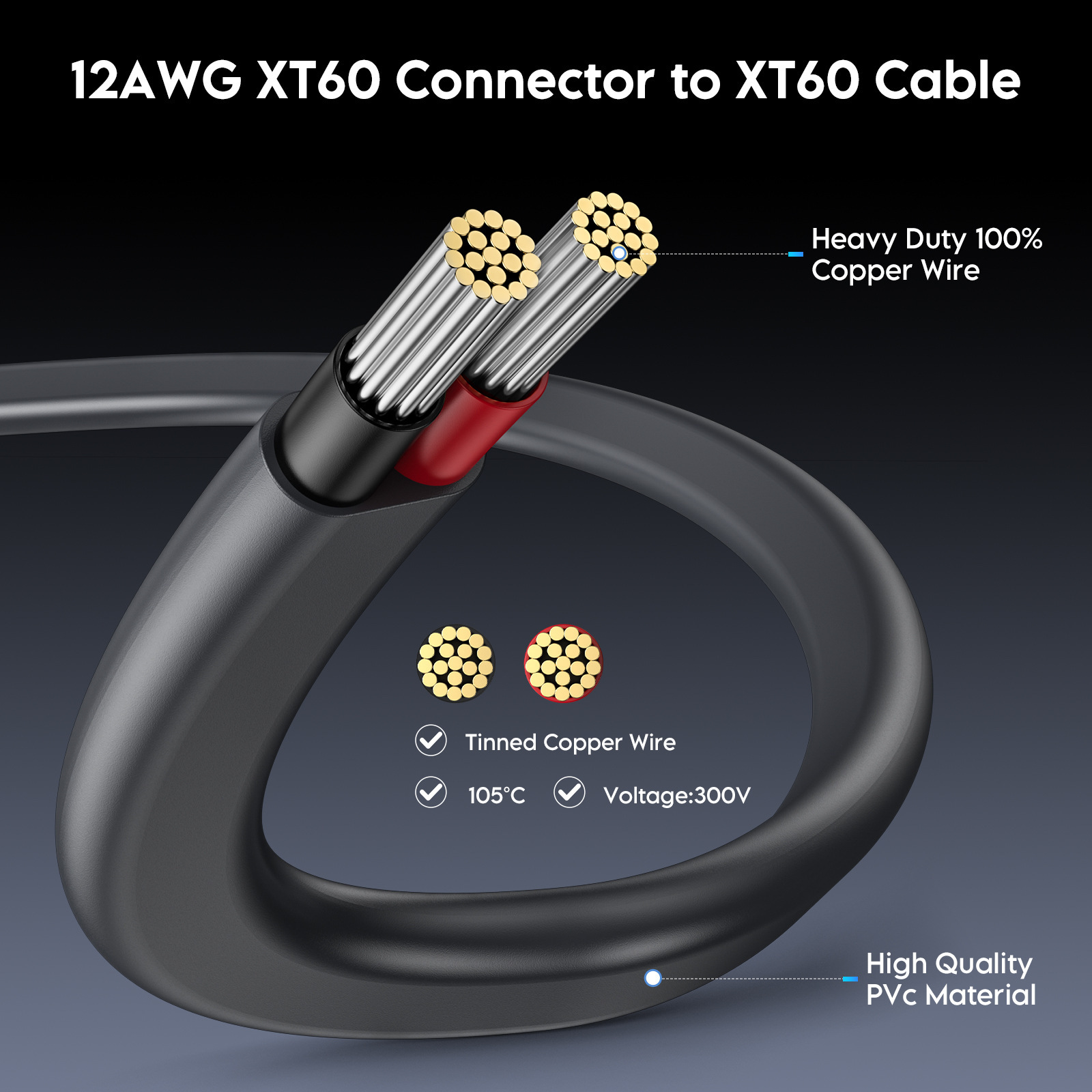Enterprise Edition XT60 Extension Cable 12AWG, Heavy Gauge XT60 Male to Female Power Extension Wire for Outdoor Satellite Power System