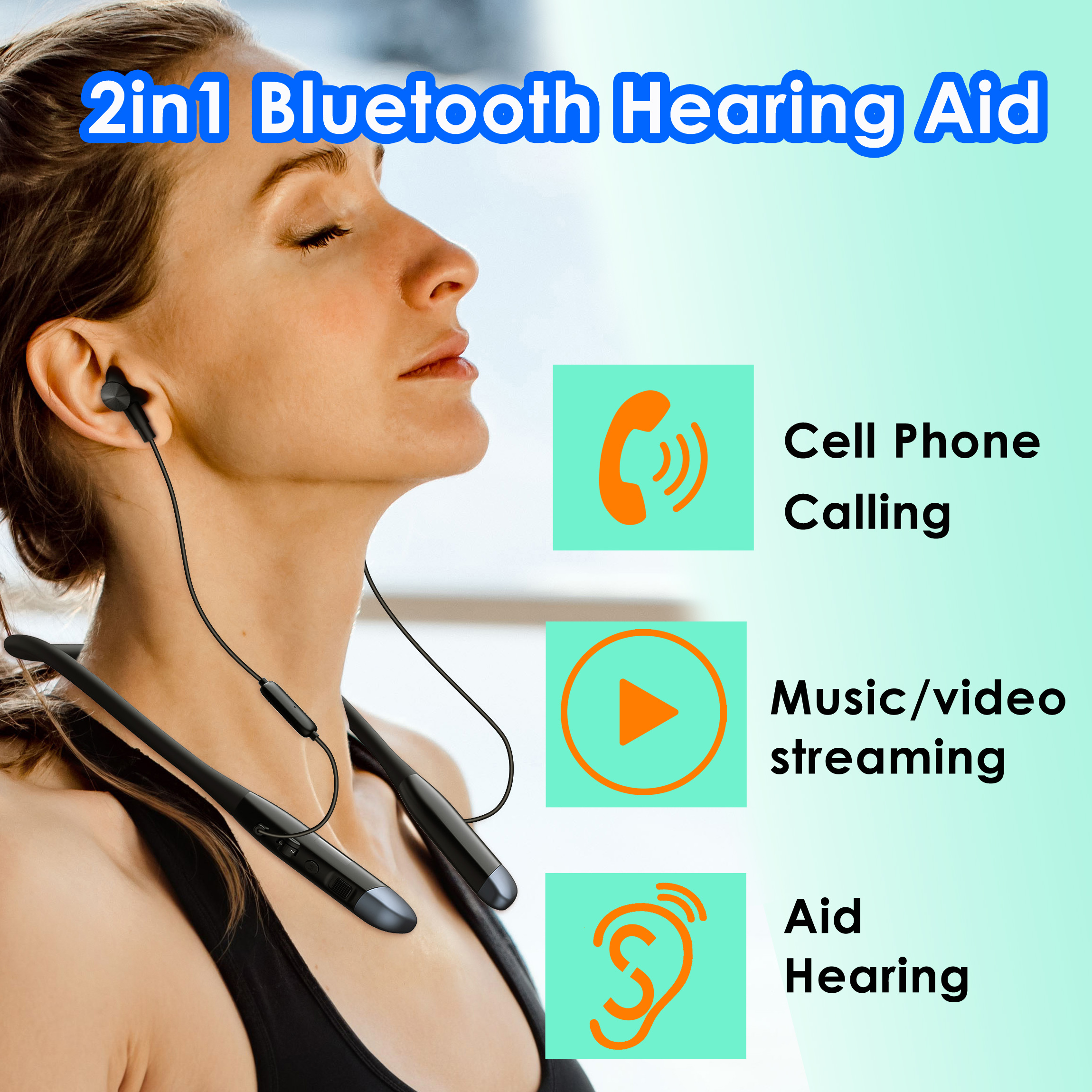 Earsmate Sport Neckband Bluetooth Earphone Wireless Headphone Rechargeable Bluetooth Digital Hearing Aids For Seniors Elderly Adults Hearing Loss Assistant