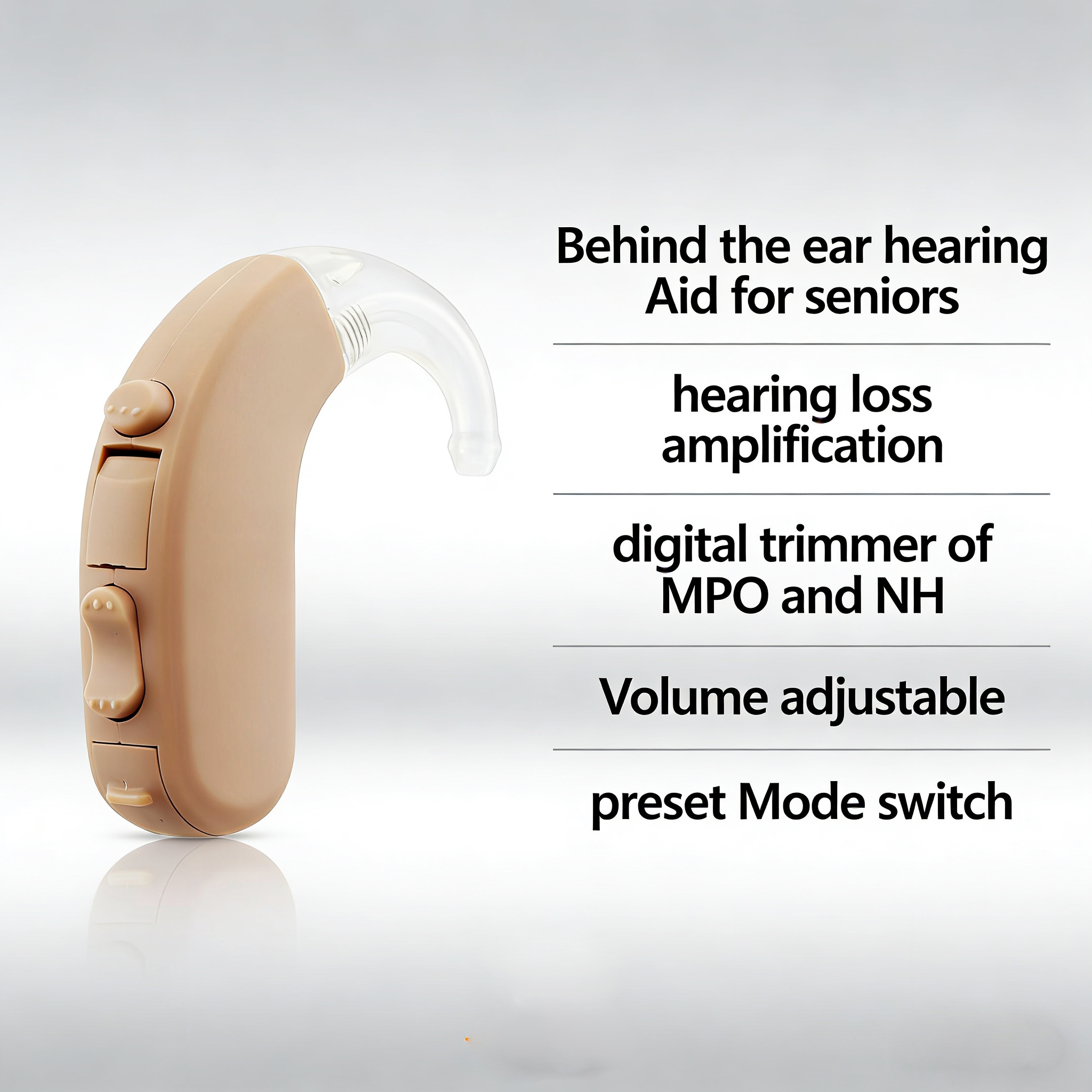 BTE Hearing Aid for Seniors - Behind the Ear Sound Amplifier with MPO & NH Digital Trimmer, Adjustable Volume, Preset Program Mode Switch for Hearing Loss Assist