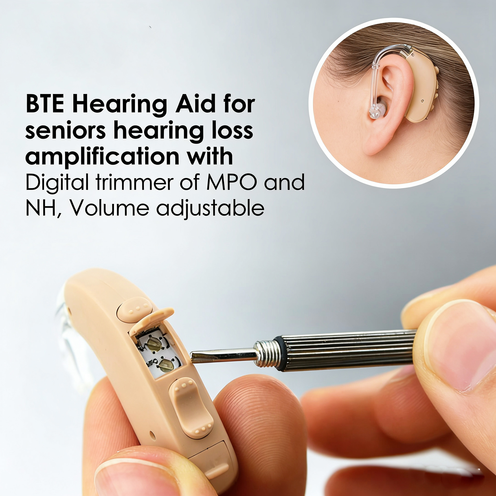 BTE Hearing Aid for Seniors - Behind the Ear Sound Amplifier with MPO & NH Digital Trimmer, Adjustable Volume, Preset Program Mode Switch for Hearing Loss Assist