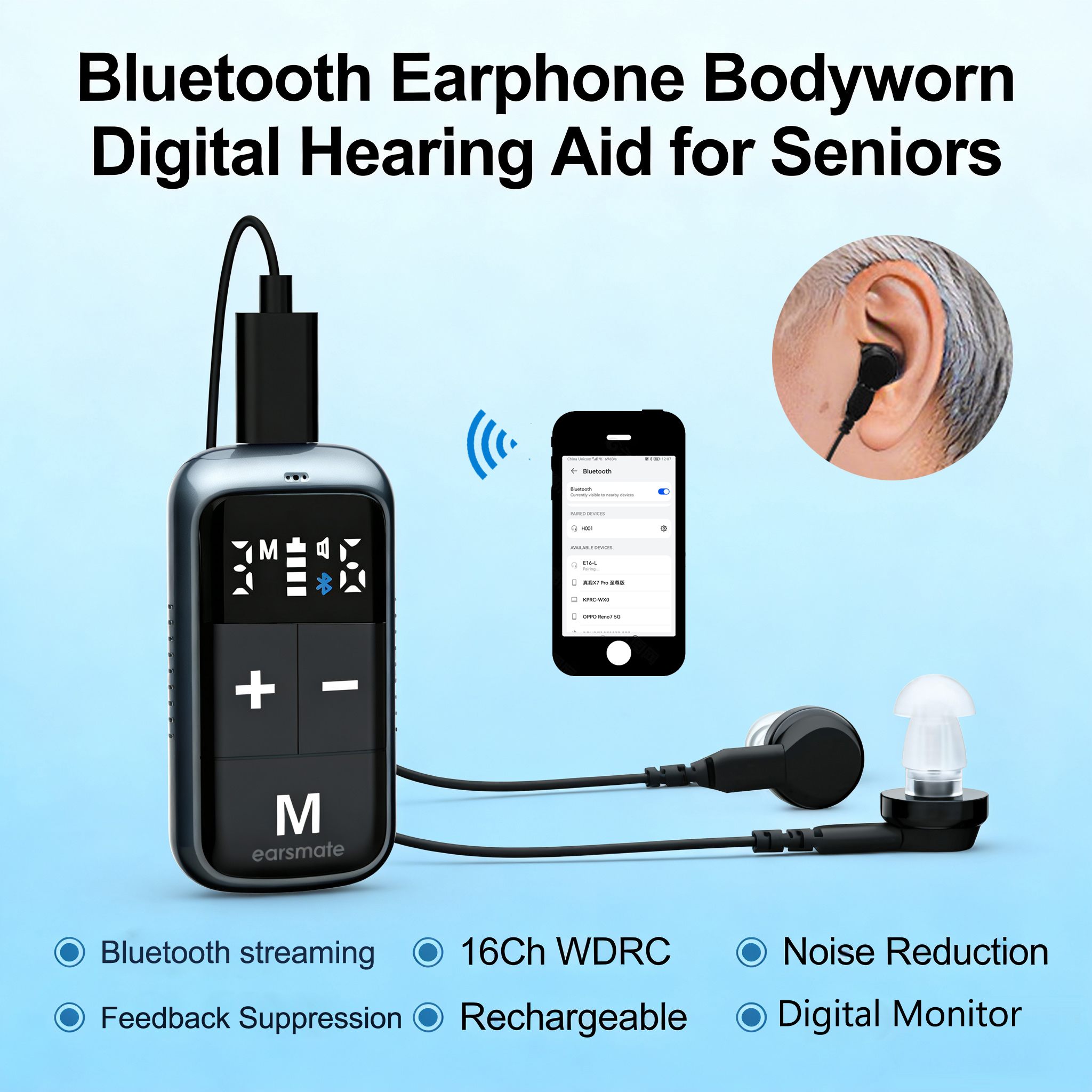 Bluetooth Earphone Rechargeable Digital Hearing Aid For Seniors