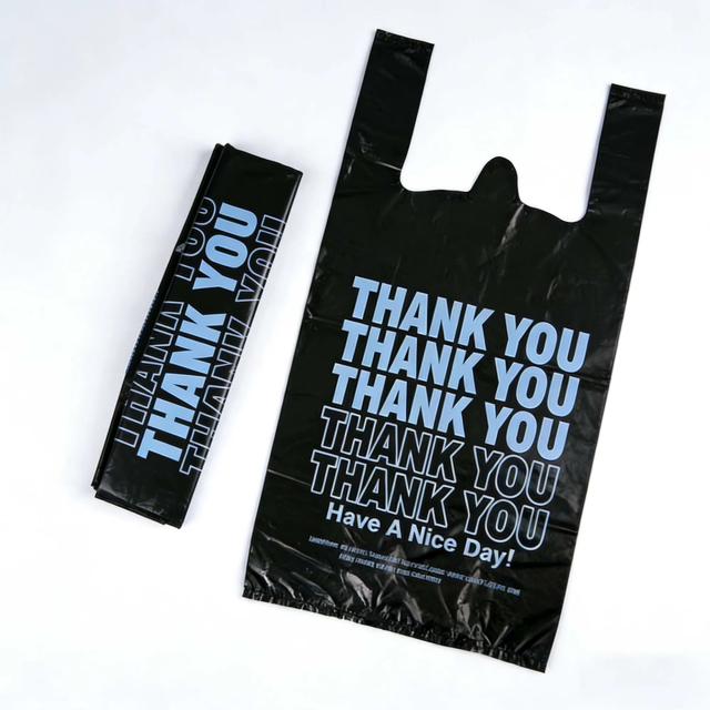 Black "Thank You" T-Shirt Bags - Standard 1/6 Barrel Plastic Shopping Bags for Retail and Grocery Stores,Anhui Province Tianle Plastic Co.,Ltd ,Black Thank You T-Shirt Bags | Standard 1/6 Barrel Plastic Shopping Bags