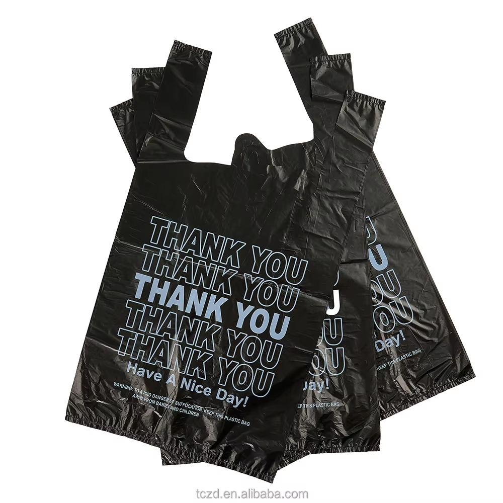Bulk "Thank You" Plastic Grocery Bags - Wholesale Black T-Shirt Carryout Bags for Commercial Retail and Supermarkets,Anhui Province Tianle Plastic Co.,Ltd ,Bulk Thank You Bags Wholesale | Black Plastic Grocery Bags
