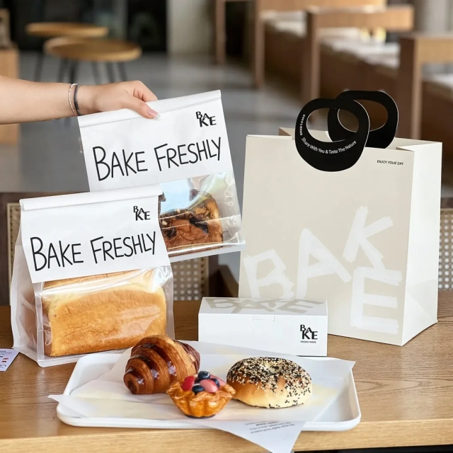 Complete bakery packaging set with printed bread bags, paper carrier bag and pastry box on cafe table