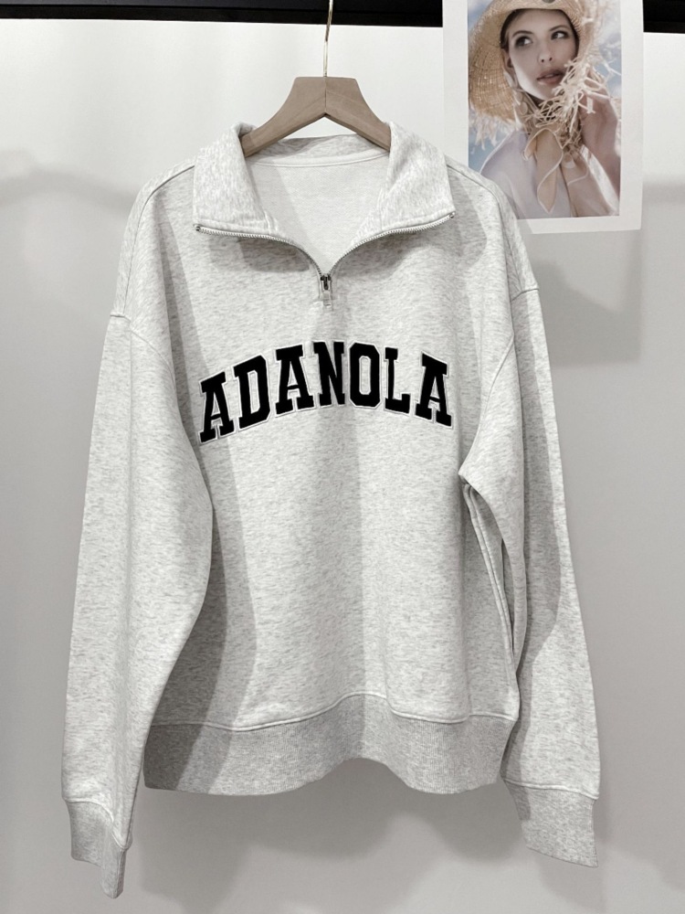 ADANOLA High-End Kendall Jenner Zipper High Neck Sweatshirt with 3D Letter Embroidery for Women
