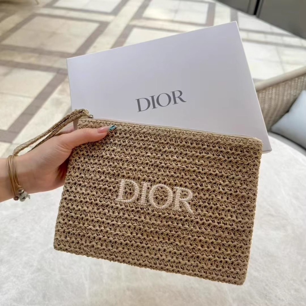 Dior straw bag, beige woven cosmetic bag, premium storage bag, member gift, authentic product with embroidered logo.
