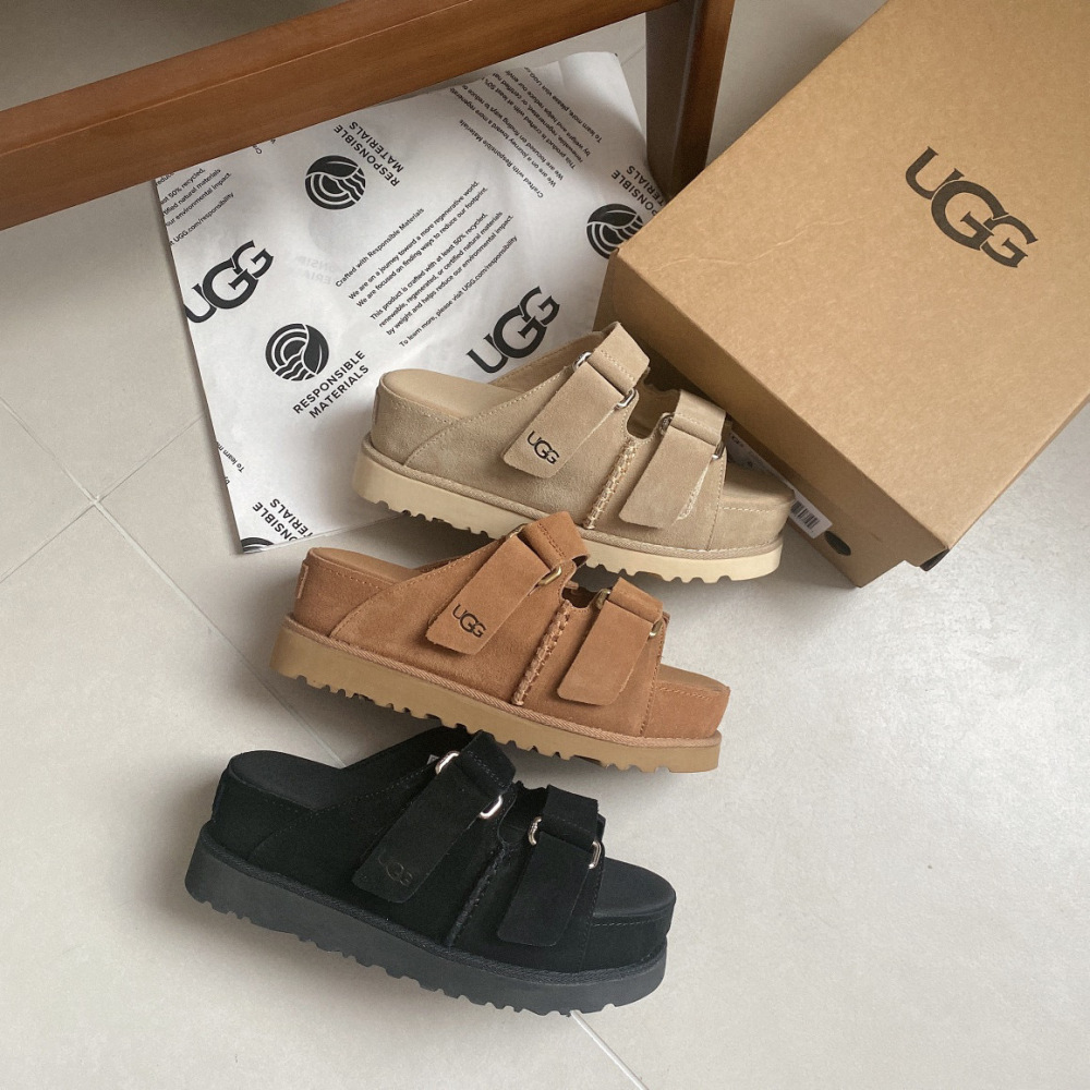 UGG's new high-value open-toe sandals, platform, height-increasing, thick sole.