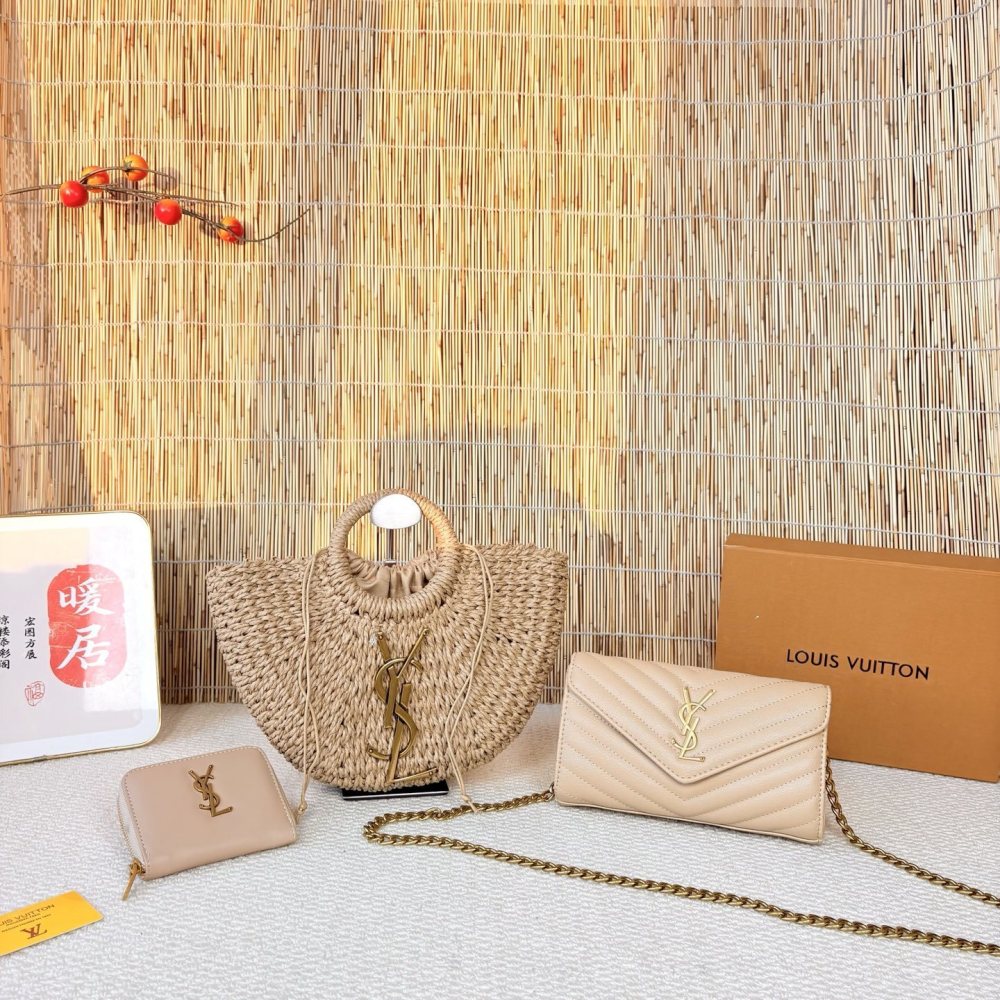 YSL 3-piece set: straw bag + chain bag + wallet
