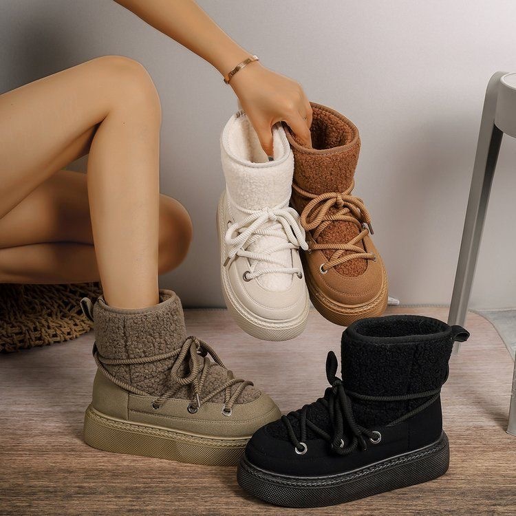 Thick-soled, winter-wearing, fleece-lined, warm, fashionable women's cotton boots and shoes.