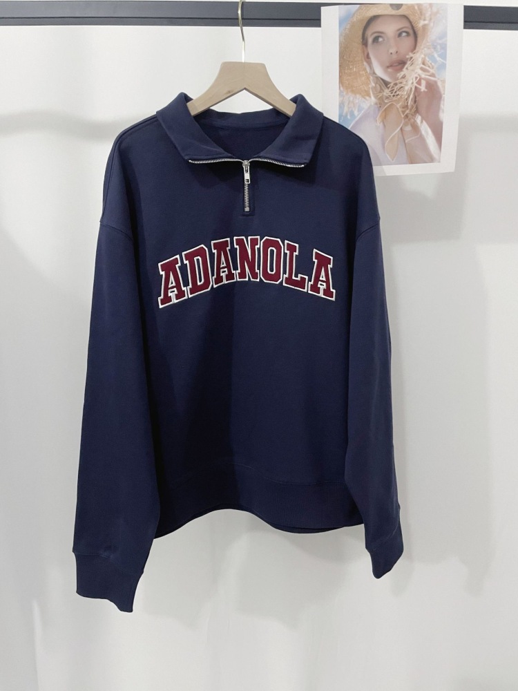 ADANOLA High-End Kendall Jenner Zipper High Neck Sweatshirt with 3D Letter Embroidery for Women