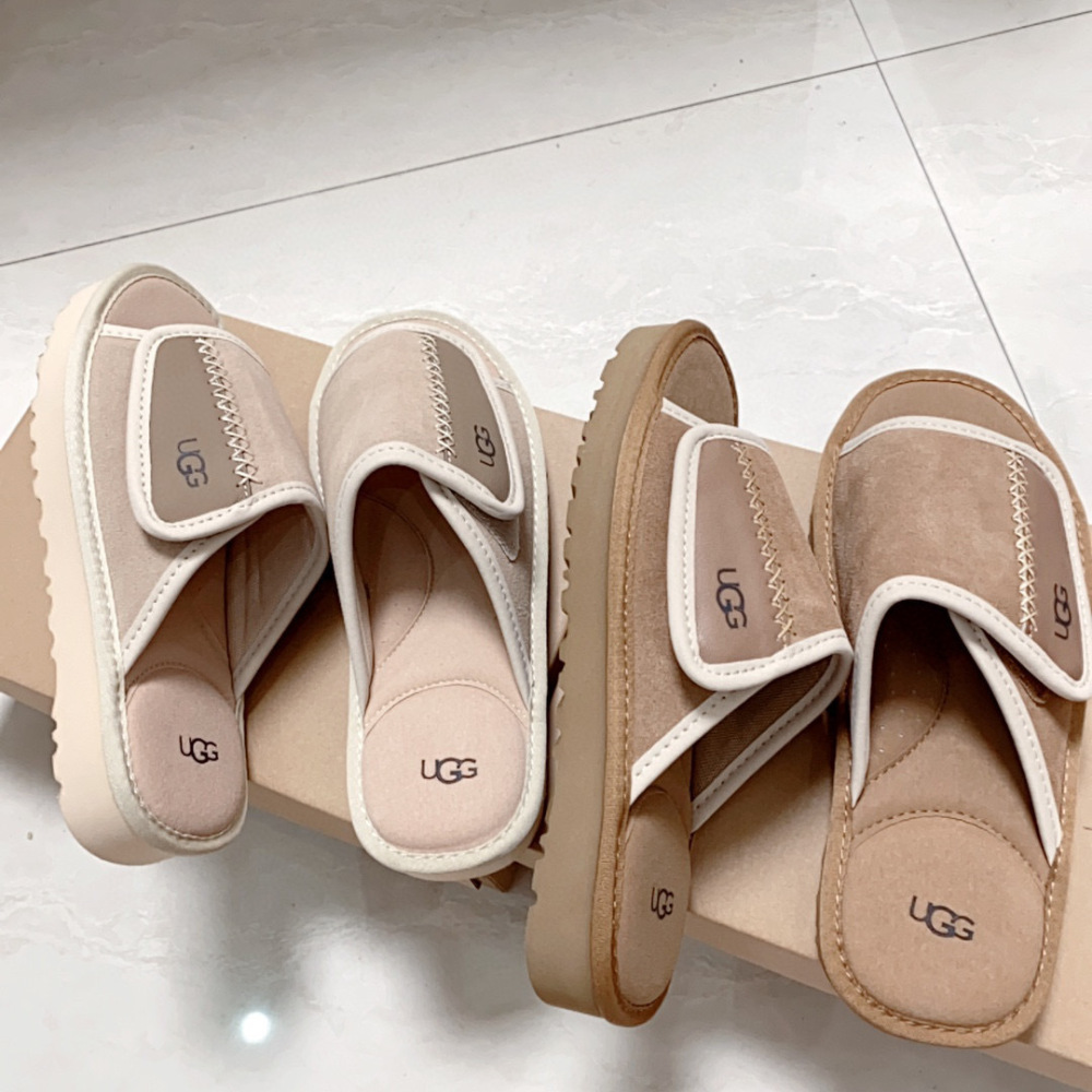 UGG Suede Slide Sandal with Contrast Stitch & Logo Patch