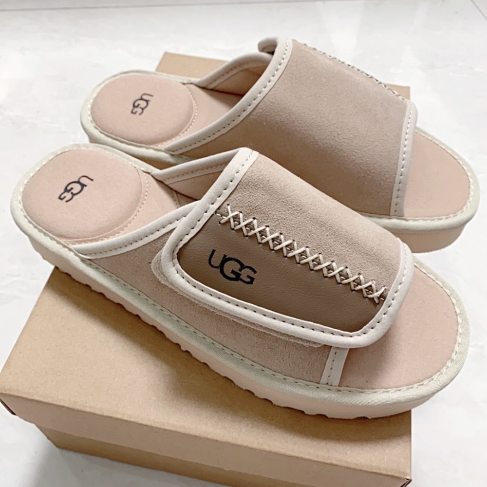 UGG Suede Slide Sandal with Contrast Stitch & Logo Patch