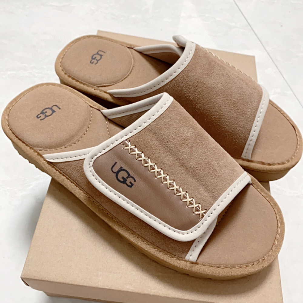 UGG Suede Slide Sandal with Contrast Stitch & Logo Patch