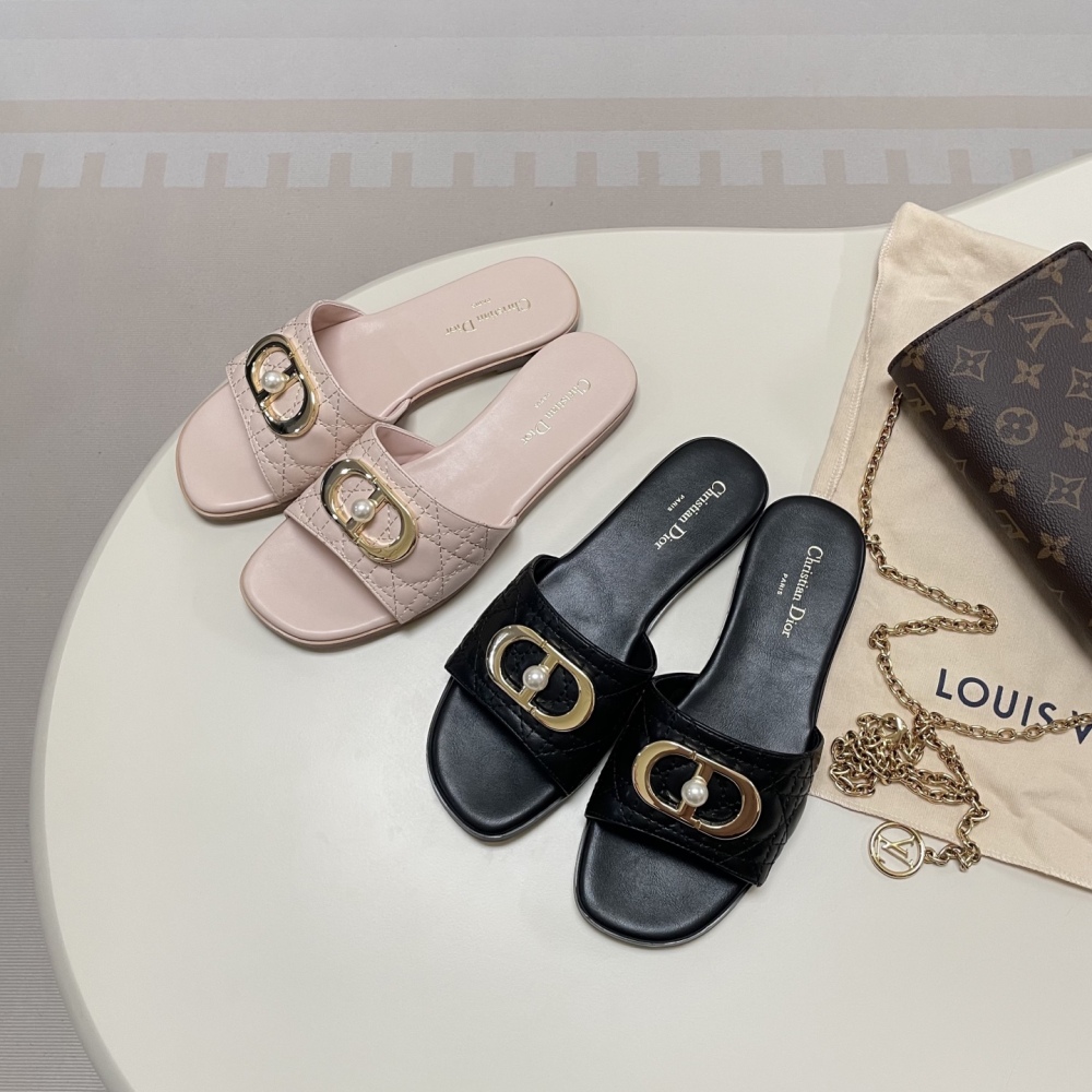Dior Quilted Slide Sandals with Pearl Embellishment