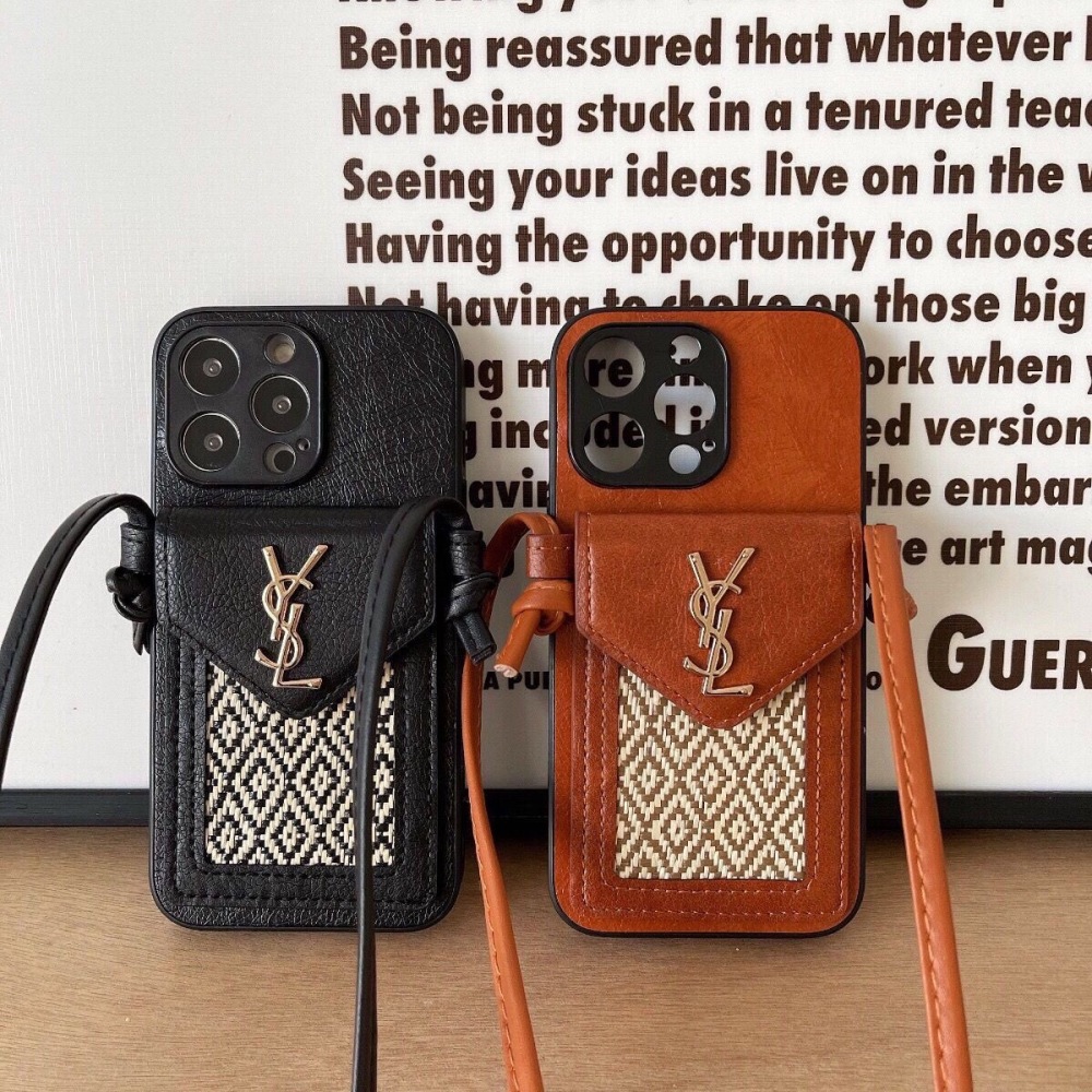 YSL Style Crossbody Card Holder Phone Case, Leather Woven Design