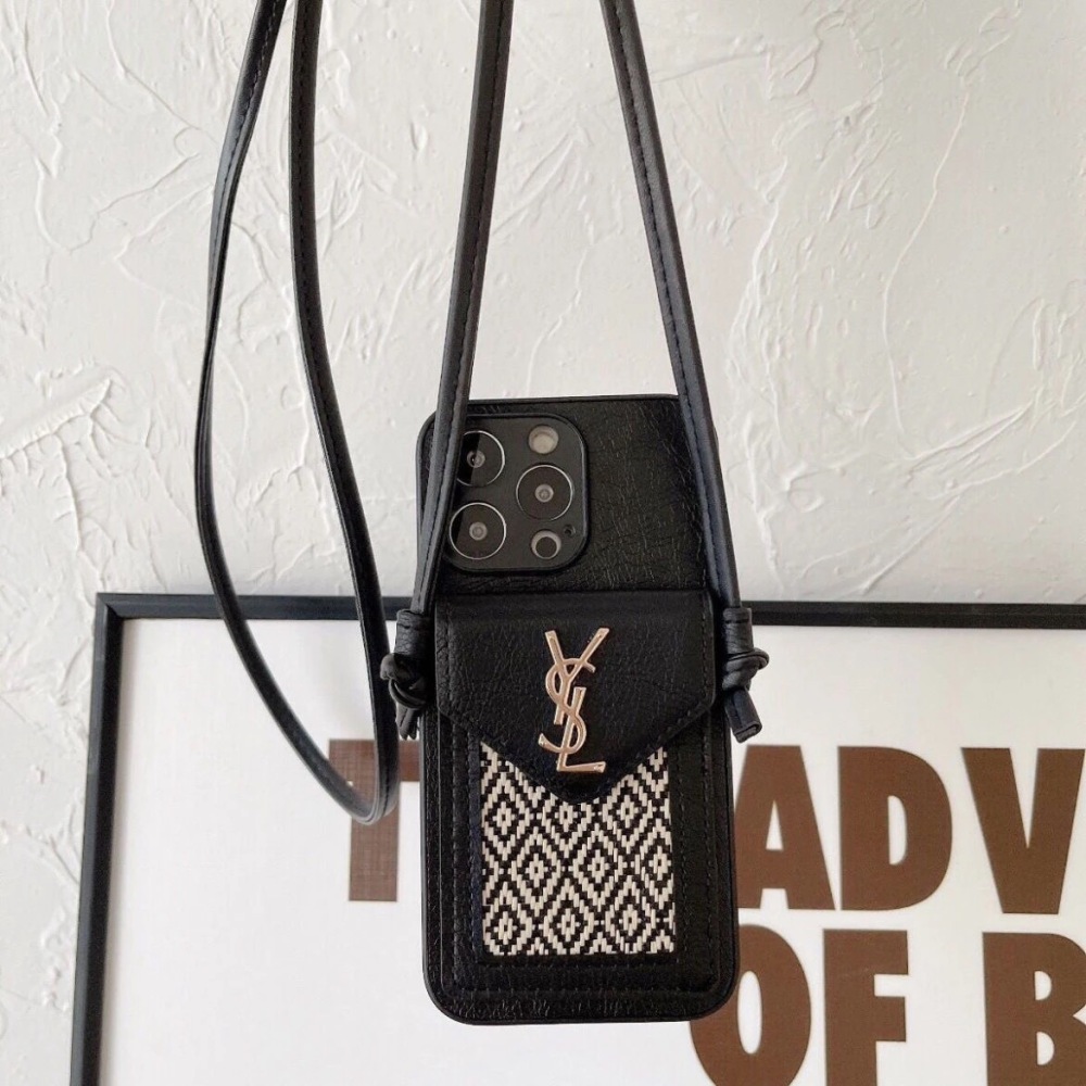 YSL Style Crossbody Card Holder Phone Case, Leather Woven Design