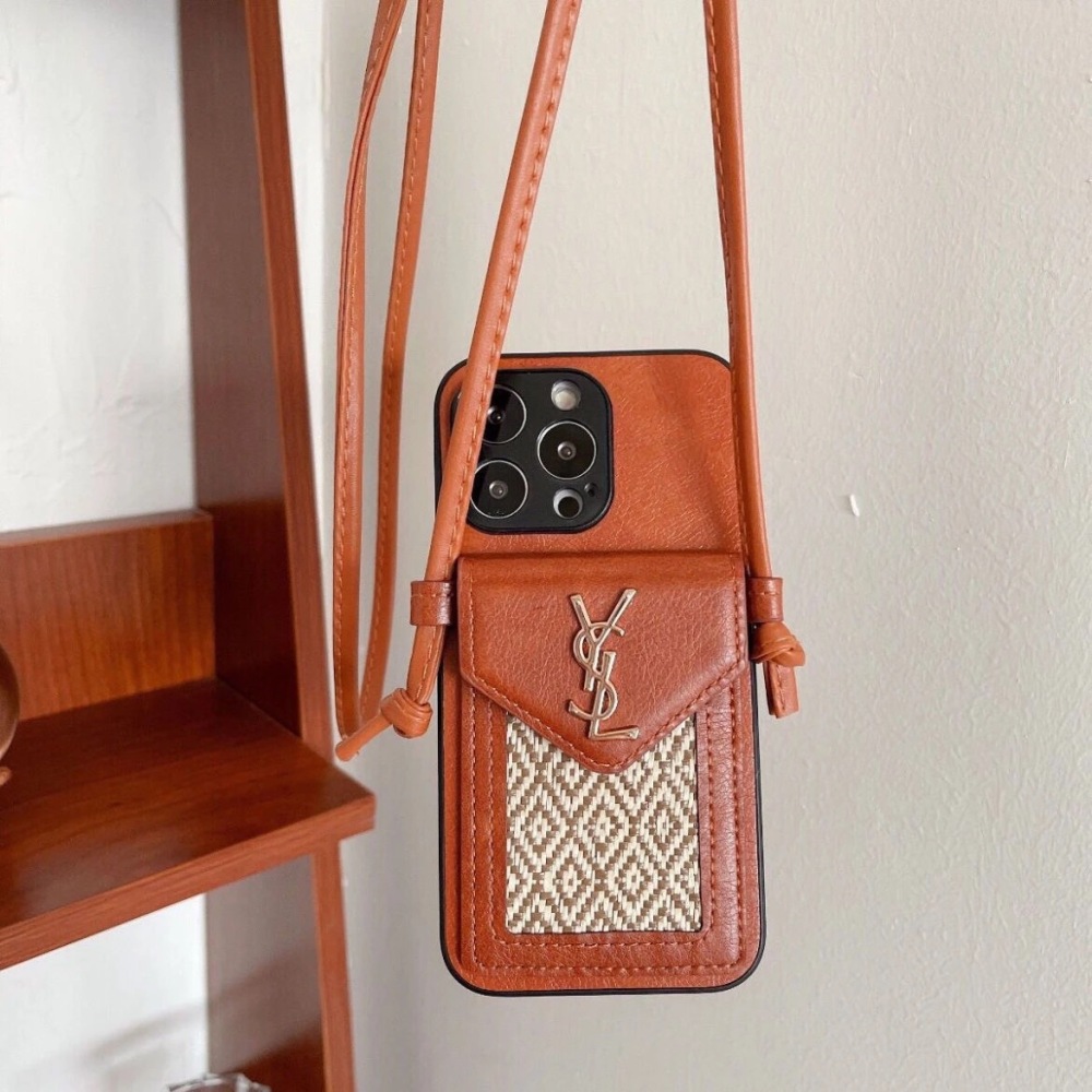 YSL Style Crossbody Card Holder Phone Case, Leather Woven Design