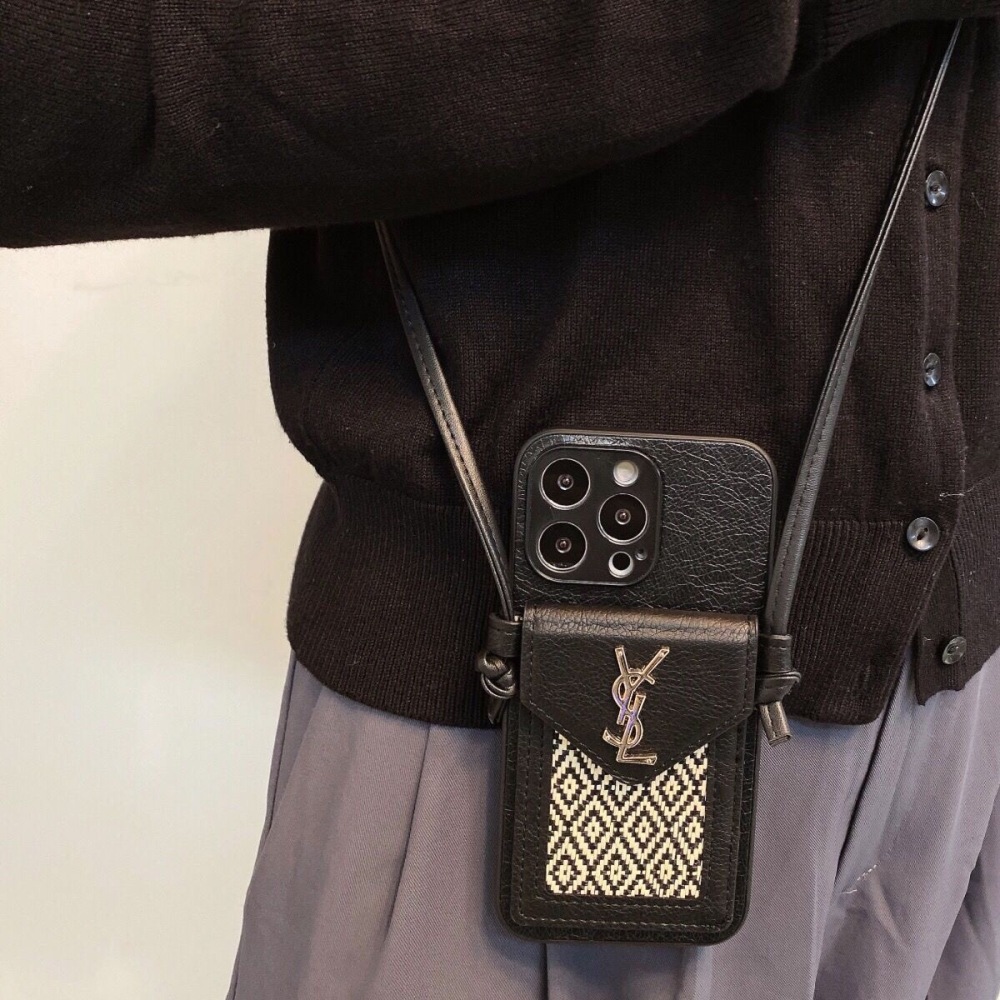 YSL Style Crossbody Card Holder Phone Case, Leather Woven Design