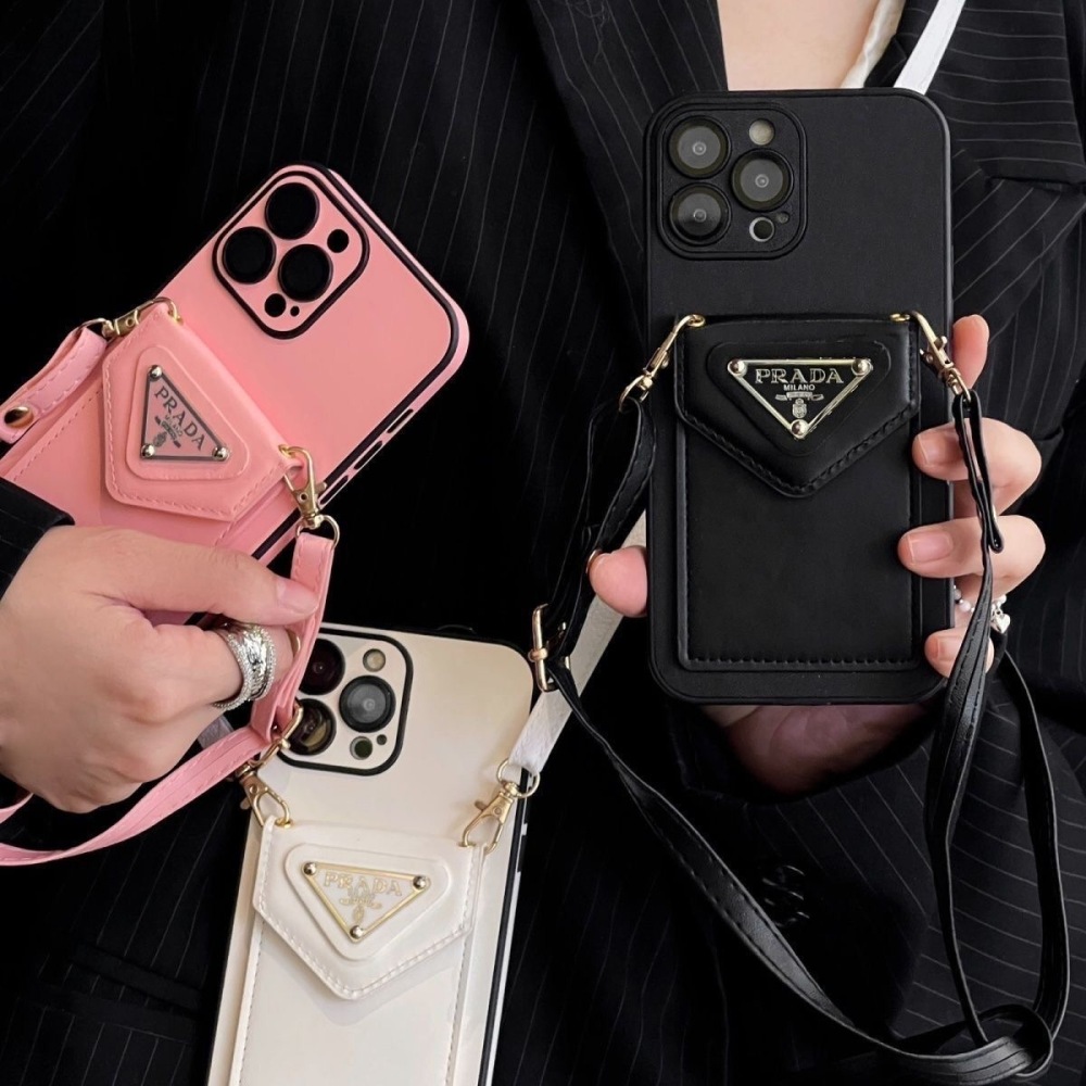 Prada Style Crossbody Card Holder Phone Case, Leather with Triangle Logo