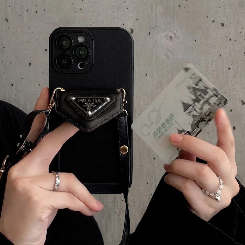 Prada Style Crossbody Card Holder Phone Case, Leather with Triangle Logo