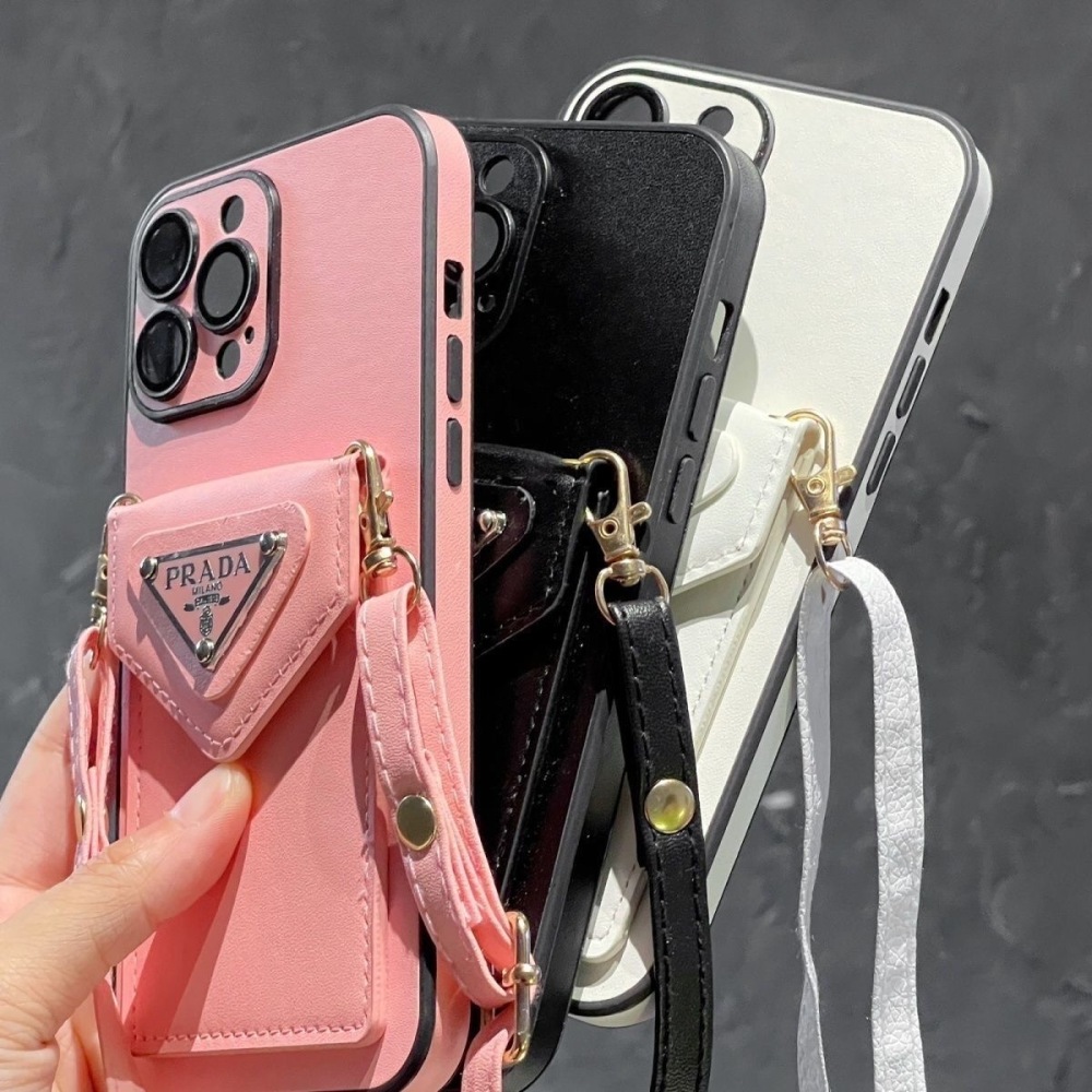 Prada Style Crossbody Card Holder Phone Case, Leather with Triangle Logo