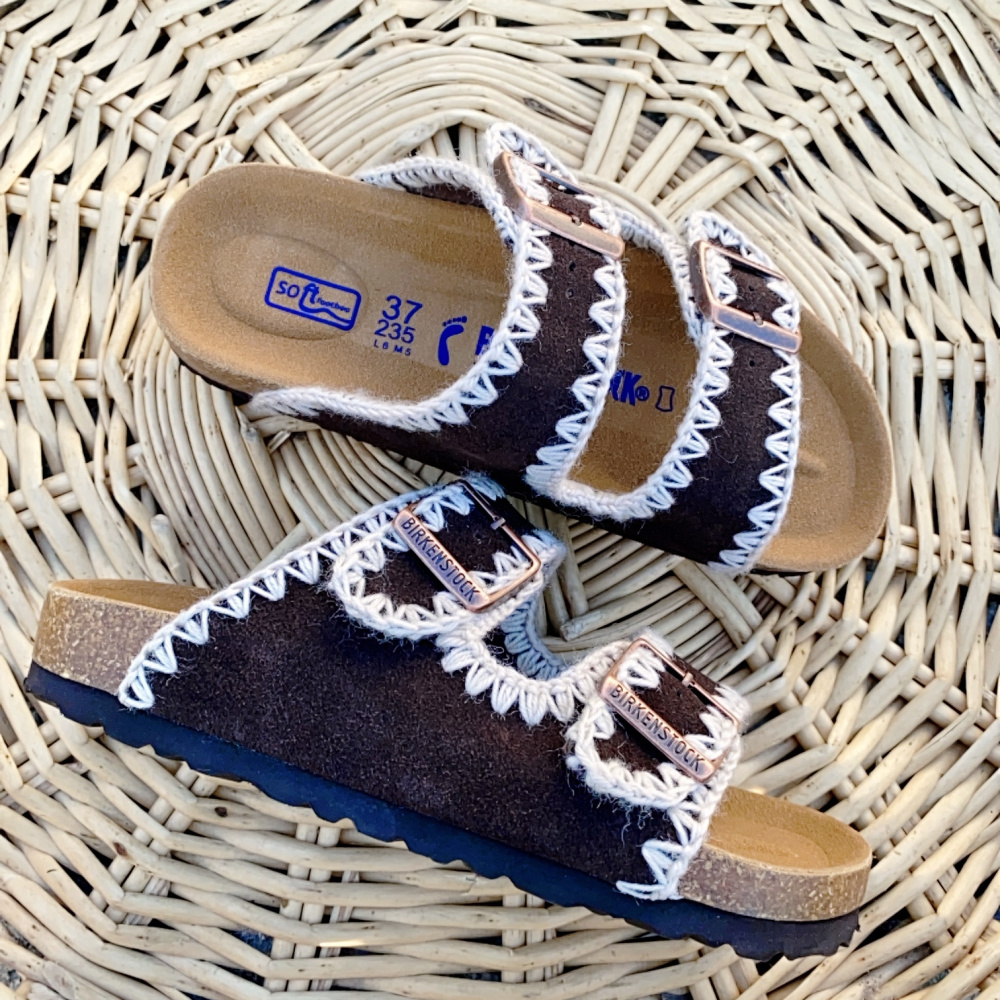 Birkenstock Arizona Style Crochet Trim Suede Sandals