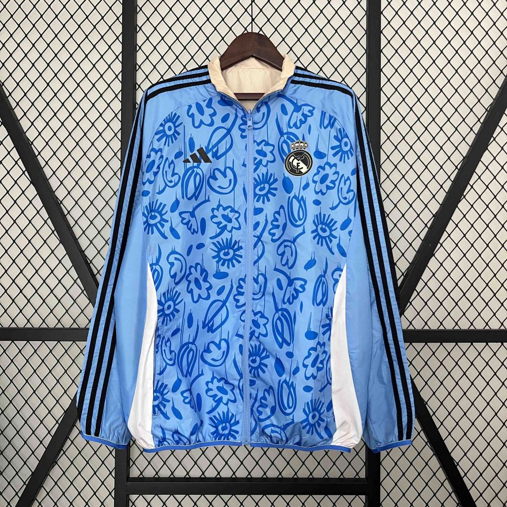Real Madrid Blue&Beige Trench Coat Reversible Windbreaker Jacket 2024