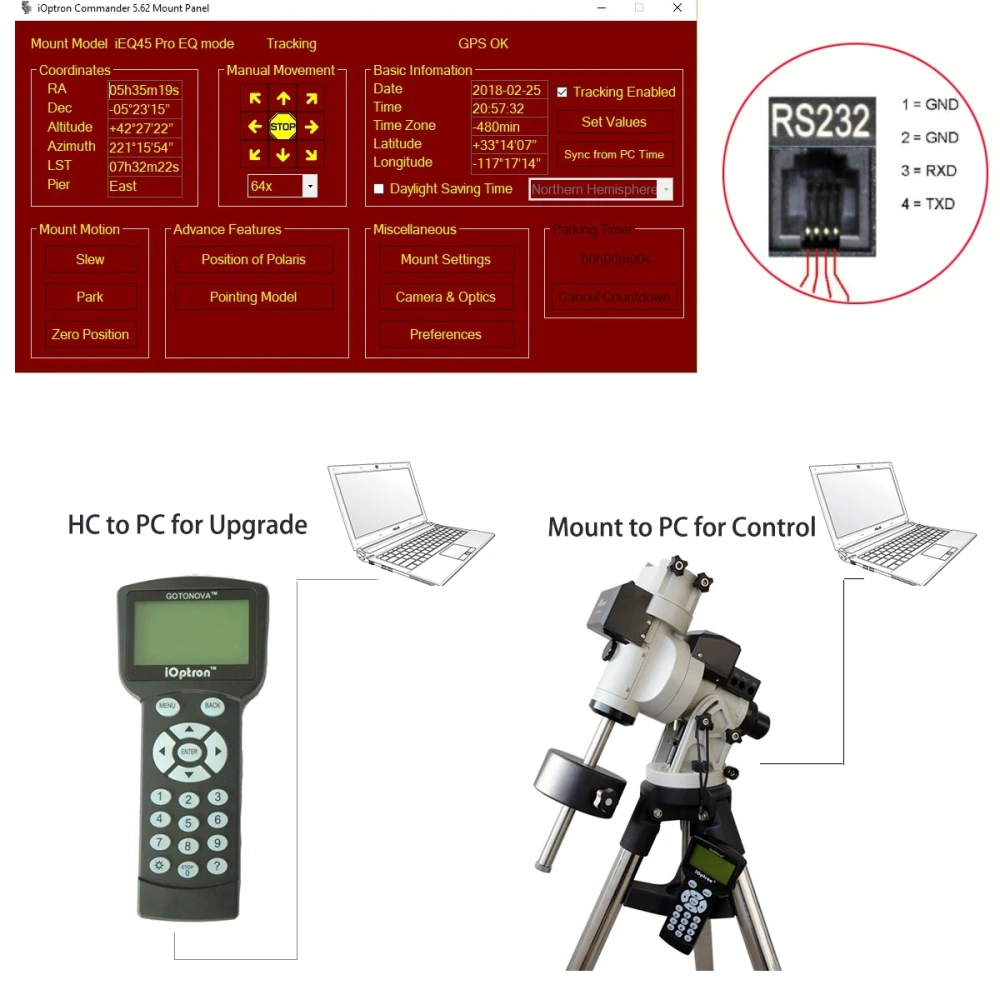 Ioptron Telescope iEQ30 Pro, Smart EQPro, ZEQ25GT, ZEQ25, CEM60, CEM25p USB to RJ9 4P4C RS232 Serial Computerize HC to PC Cable