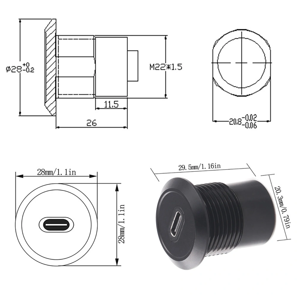 USB USBC  type C Typec  Female to Female F-F  Panel Mount Extention Round Metal Adapter