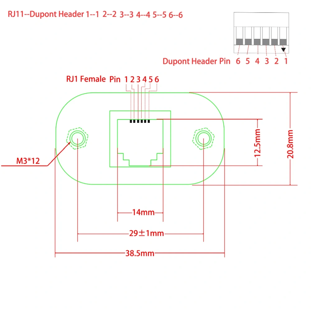 6P  Dupont Header to RJ12 RJ11  Screw Panel Mount Extension Cable