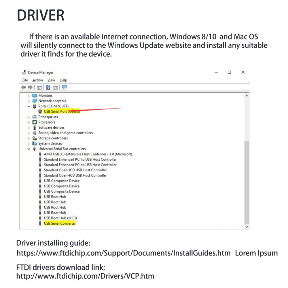 FTDI USB to RS485 Serial Converter Adapter With Data A B GND VCC Pinout Assignment 4Pin 2.54mm Terminal Block
