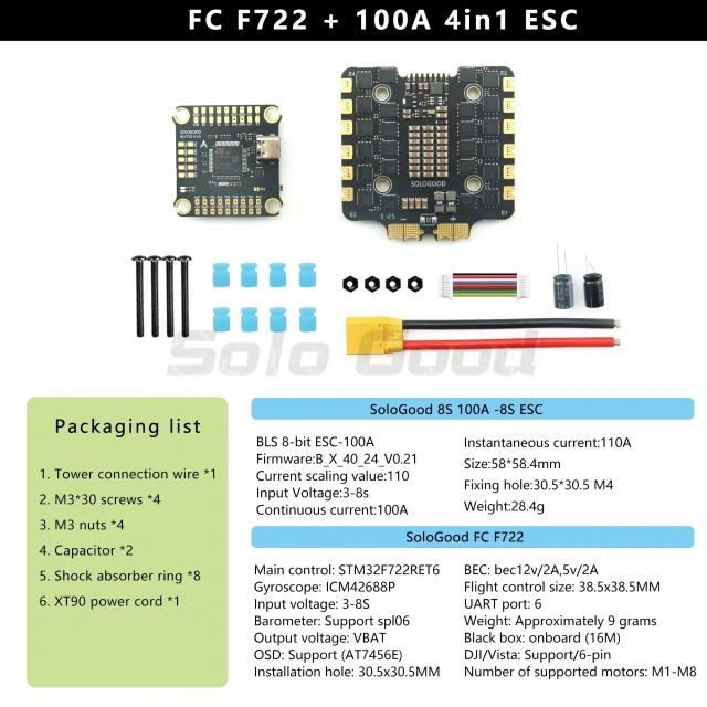OEM/ODM 8S F722 100A Stacked ICM42688P F722 Flight Controller 100A 4-in-1 ESC 30.5X30.5mm 3-8S, supporting dual cameras, suitable for FPV drones,MY SHOP,SoloGood 8S F722 100A 堆叠式 ICM42688P F722 飞控 100A 4合1 电调 30.5X30.5mm 3-8S 支持双摄像头，适用于FPV无人机