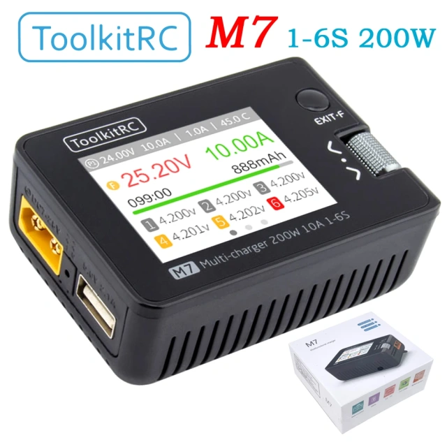 ToolkitRC M7 200W 10A DC balance charger and discharger, suitable for 1-6S lithium batteries, with voltage servo detector, ESC tester, receiver LCD screen and IPS display.,MY SHOP,ToolkitRC M7 200W 10A 直流平衡充放电器，适用于 1-6S 锂电池，带电压舵机检测器、电调测试仪、接收机液晶显示屏和 IPS 显示屏。