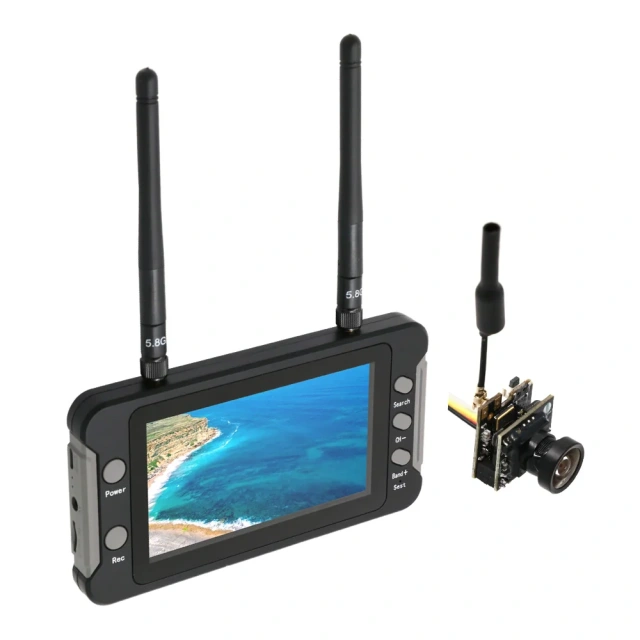 5.8G 40通道双天线FPV眼镜视频眼镜头戴式设备，配备4.3英寸液晶显示屏、NTSC/PAL制式DVR录像机和M8 800TVL摄像头