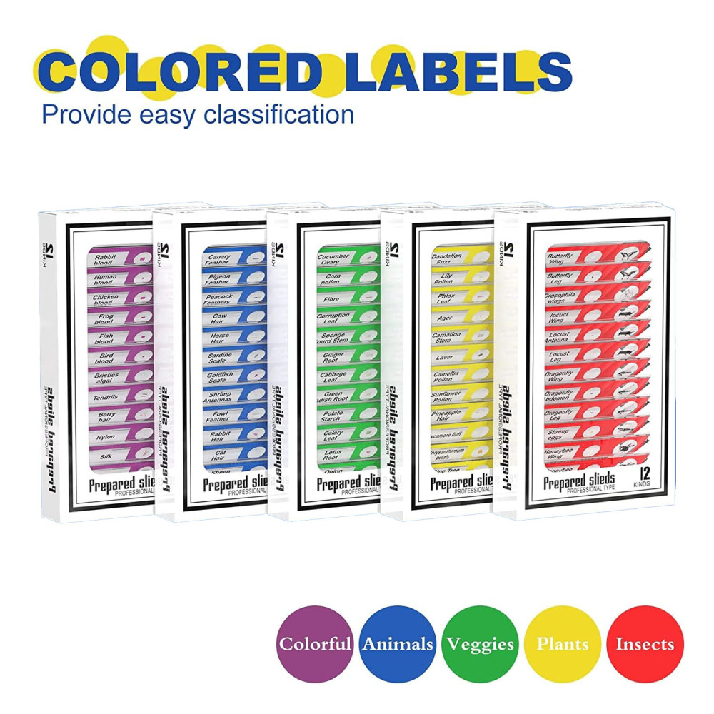 Prepared Microscope Slides for Kids, Microscope Specimen Slides with Plants Insects for Biology and Science Study, Microscope Accessories Slides Set for Kids