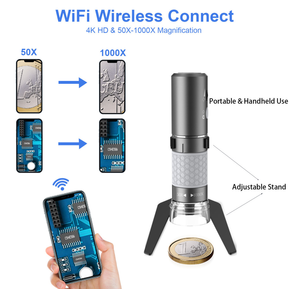 Mostanne WIFI Digital Microscope, Handheld 4K Microscope HD Camera 50X-1000X Magnification with Adjustable Stand, Compatible with Smartphones Tablets PC