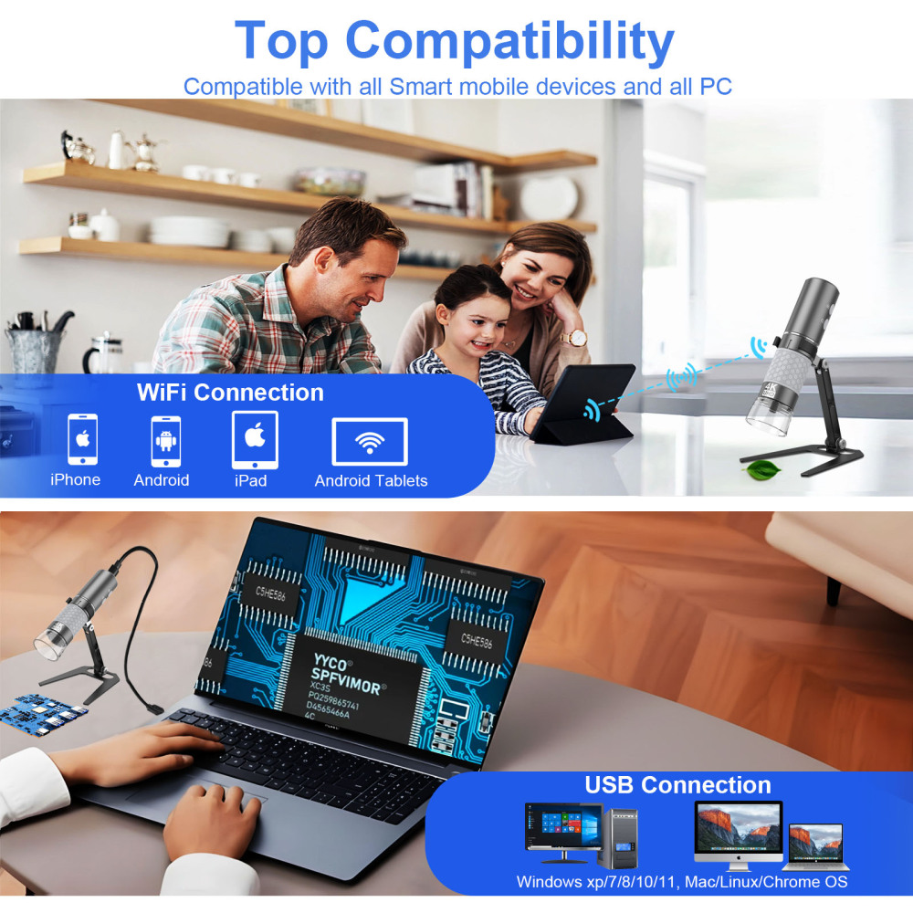 Mostanne WIFI Digital Microscope, Handheld 4K Microscope HD Camera 50X-1000X Magnification with Adjustable Stand, Compatible with Smartphones Tablets PC