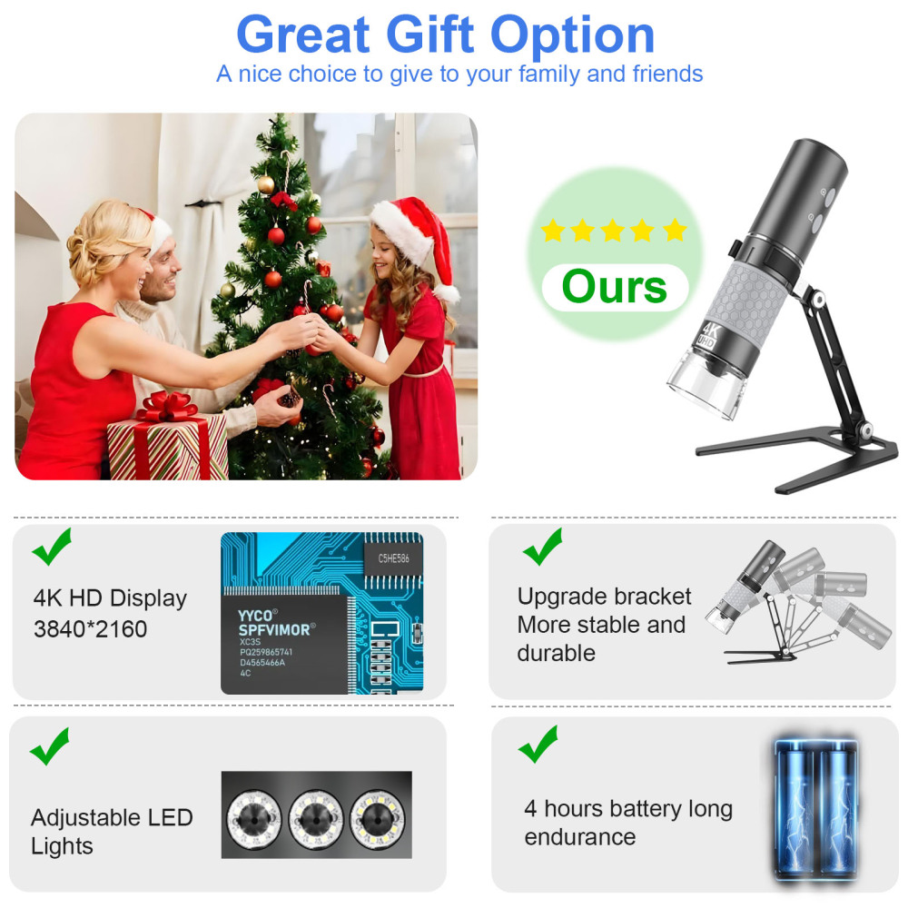 Mostanne WIFI Digital Microscope, Handheld 4K Microscope HD Camera 50X-1000X Magnification with Adjustable Stand, Compatible with Smartphones Tablets PC