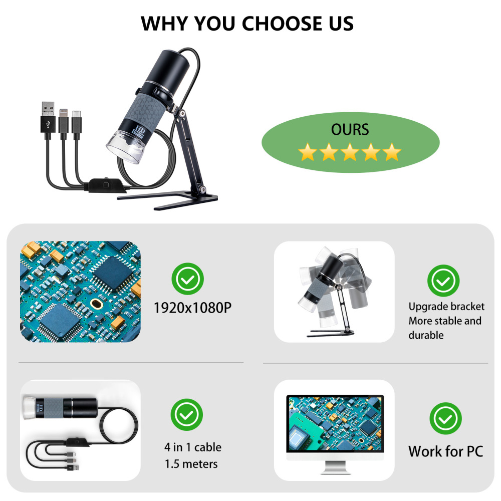 Mostanne 1080P Handheld Digital Microscope, 50-1000X Magnification Portable USB Microscope with Adjustable Stand, Compatible with iPhone Android Mac Windows PC