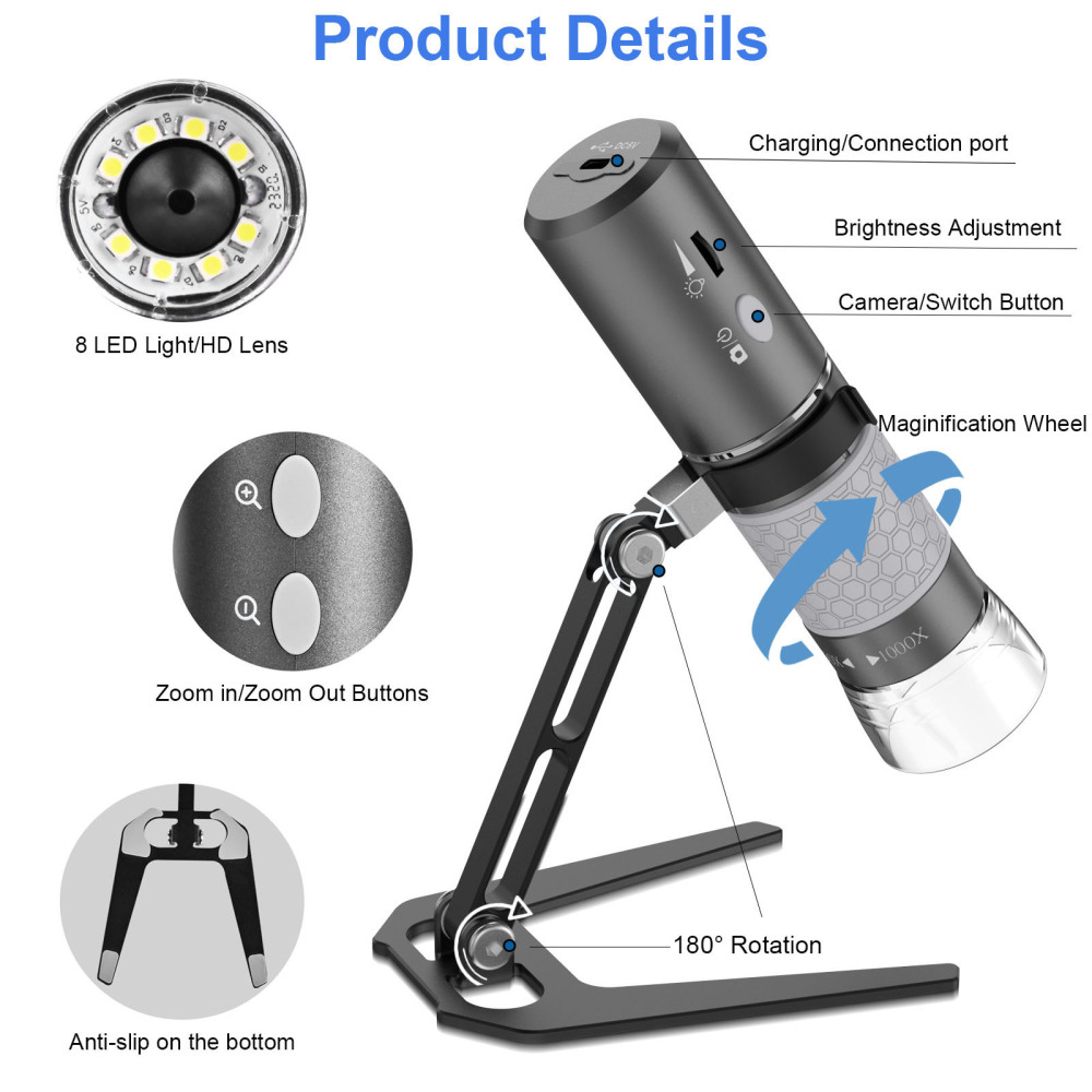 Mostanne WIFI Digital Microscope, Handheld 4K Microscope HD Camera 50X-1000X Magnification with Adjustable Stand, Compatible with Smartphones Tablets PC