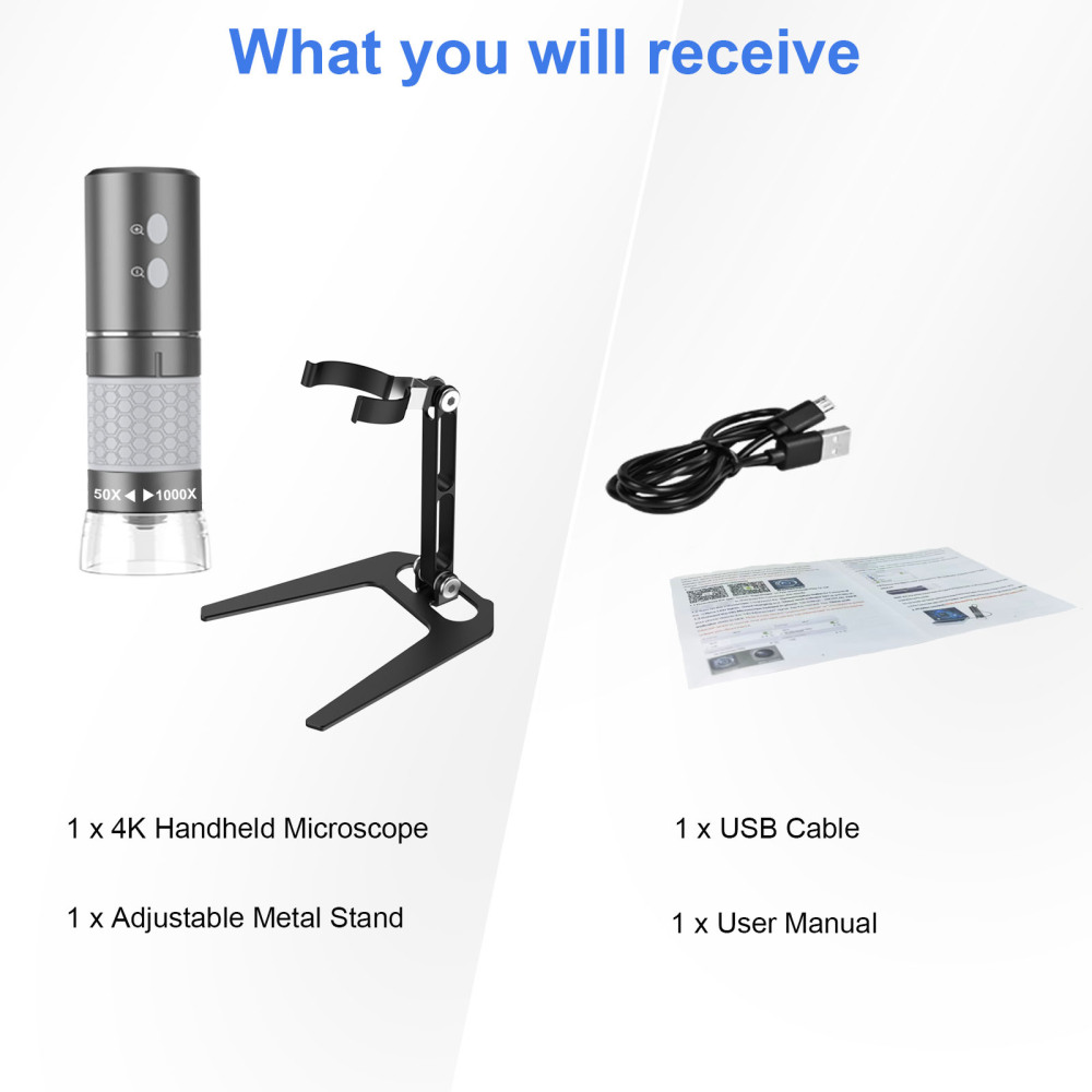 Mostanne WIFI Digital Microscope, Handheld 4K Microscope HD Camera 50X-1000X Magnification with Adjustable Stand, Compatible with Smartphones Tablets PC
