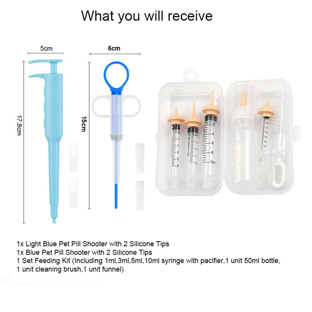 Dogs and Cats Pill Shooter, Food Medicine Dispenser Pet Feeding Kit, Pet Syringes and Bottle with Pacifiers, Suitable for Feeding Small and Large Pets
